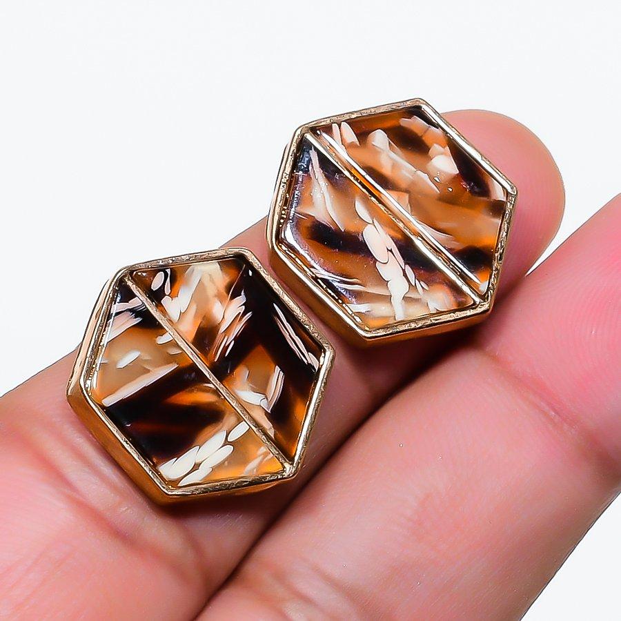 Natural Montana Agate Gemstone Brass Jewelry Earring 0.79 RE-318