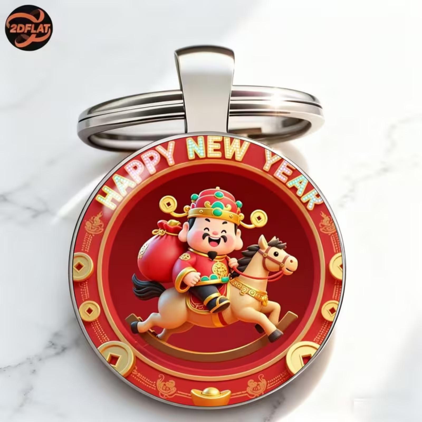 

Round Metal Keychain Pendant Alloy Material with Festive Cartoon Print Durable Key Ring for Bag Car Keys Office Home Use One Size