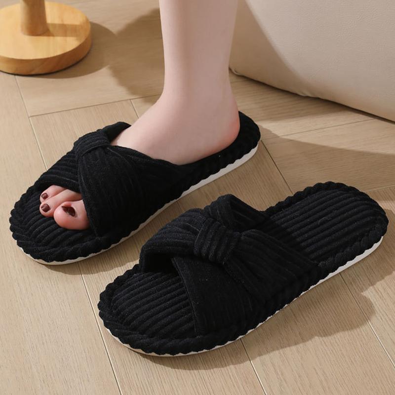 Fashion Indoor Soft Solid Cotton Slipper Woman Winter 2025 Casual Open Toe Flat Slippers Women Cross Strap Corduroy Cotton Slides Mujer