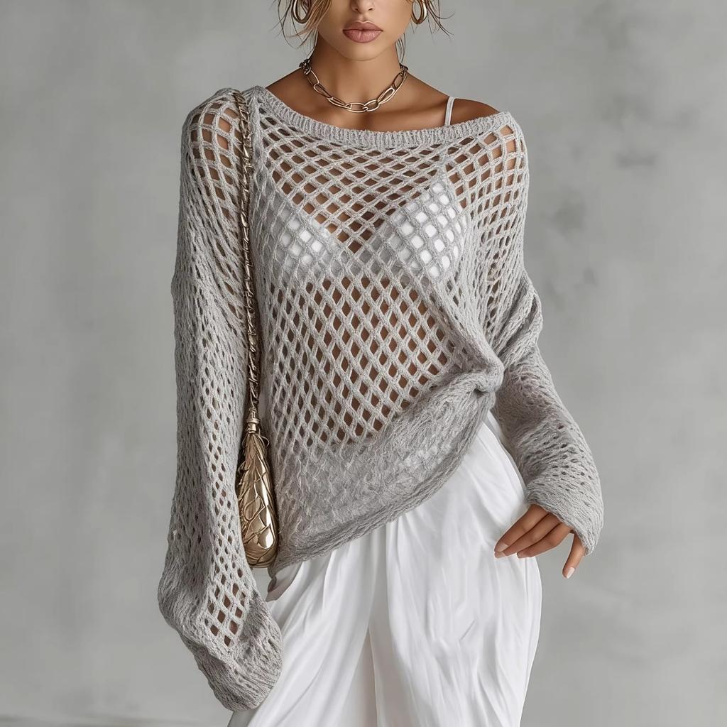 Spring Summer New See-through Hollow Out Long Sleeve Knit Cover Up Sexy Versatile Beach Cover Up for Women Europe America