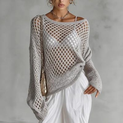 Spring Summer New See-through Hollow Out Long Sleeve Knit Cover Up Sexy Versatile Beach Cover Up for Women Europe America