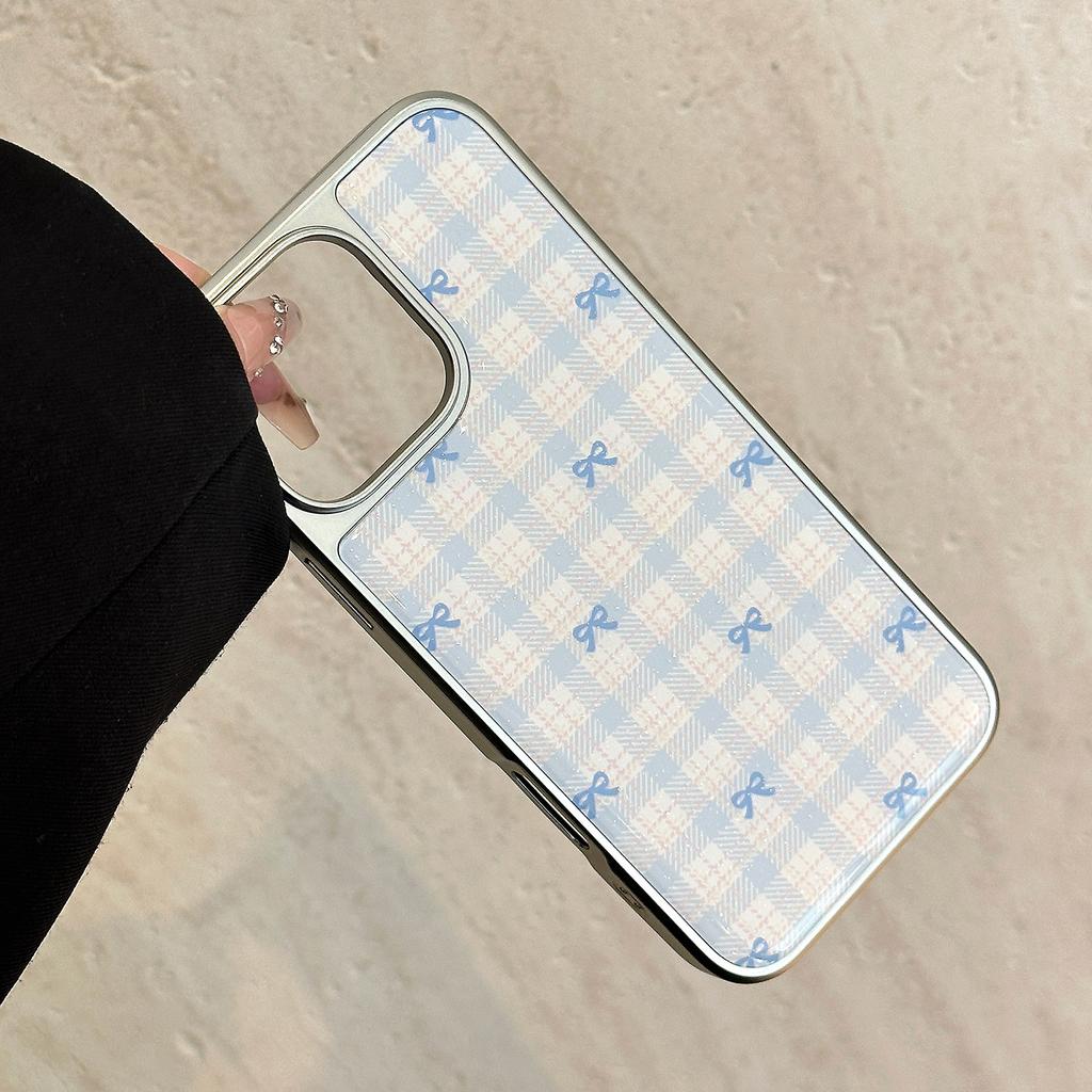 INS Korean Pink Blue Bowknot Grid Pattern Drop Glue Silver Phone Case for iPhone 17 16Promax 15 14 13 12 11 Anti Drop Soft Cover