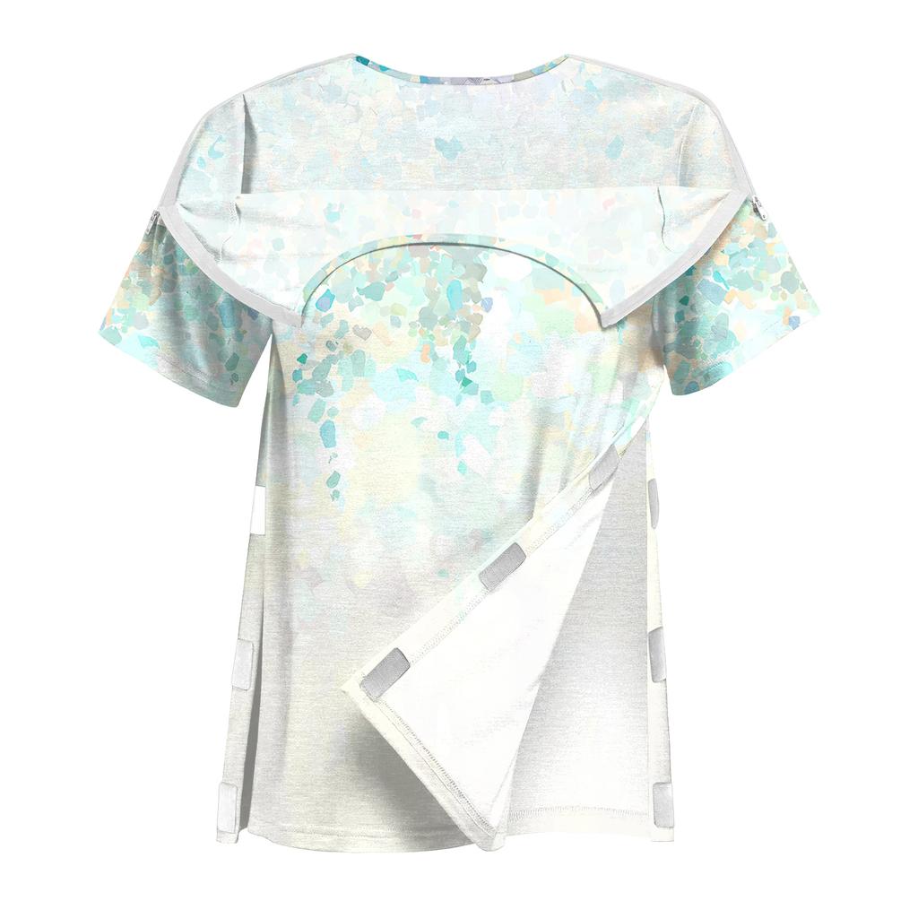 Women's Post-operative Short-sleeved Color Shirt With Shoulder Zipper And Side  Closure.