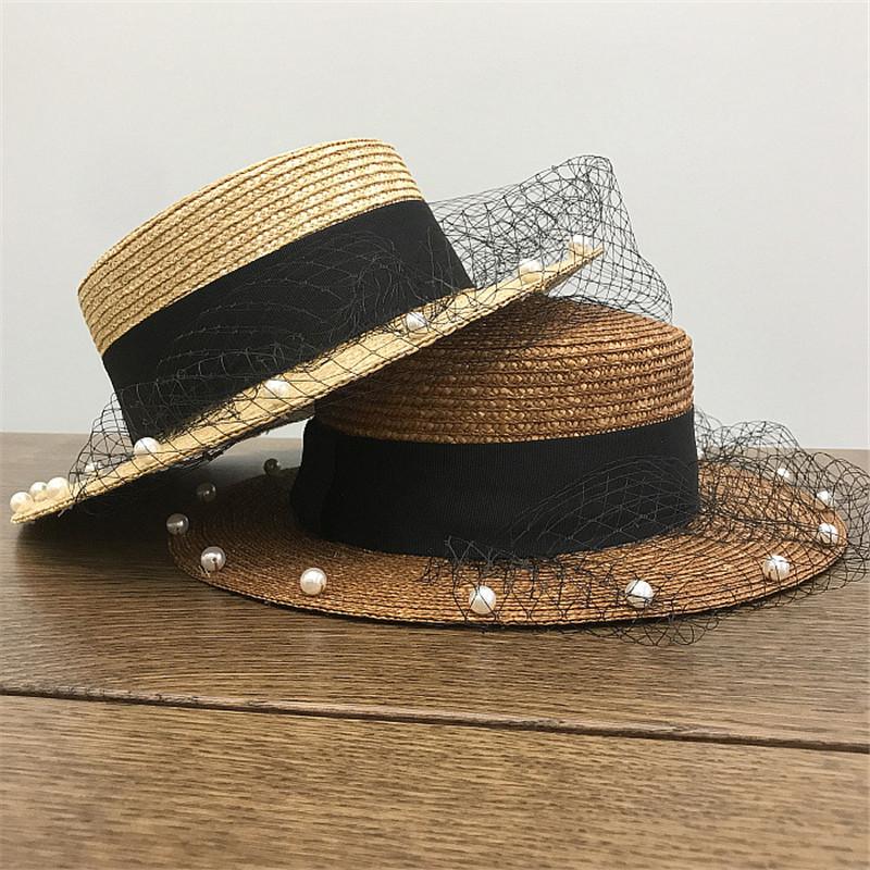 Japan Designer Natural Straw Mesh Pearl Brim Lady Fedoras Hat Women Leisure Panama Jazz Cap