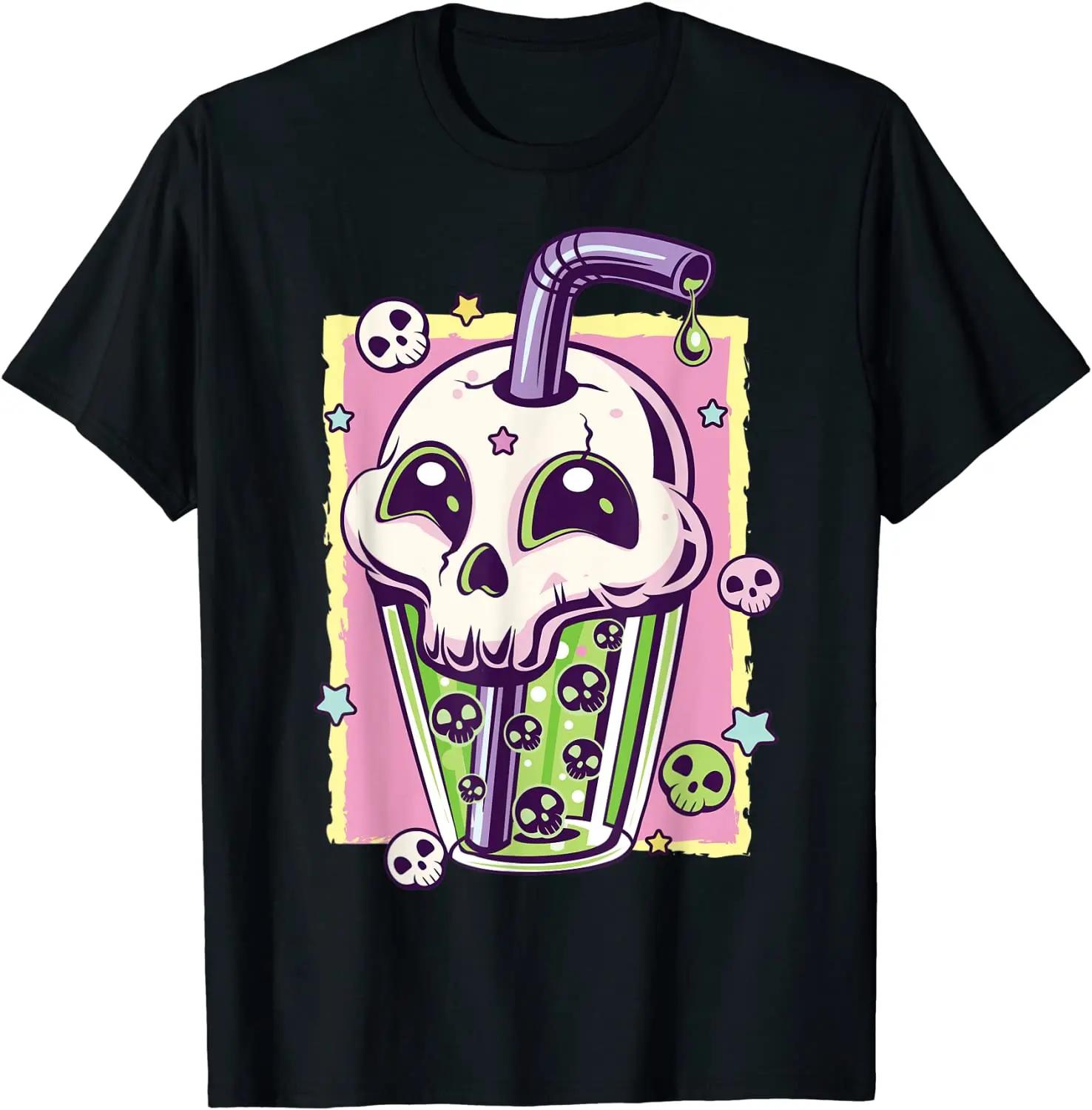 

Kawaii Pastel Goth Creepy Skull Boba Bubble Tea Vaporwave T-Shirt Women Men Harajuku Aesthetic Tops Unisex Oversized XXXXXL чёрный