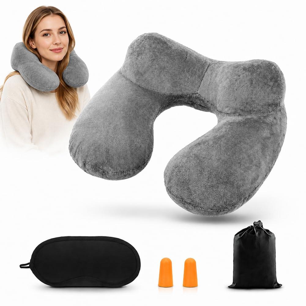 Inflatable Travel Neck Pillow Quick Inflation Portable Soft Velvet for Airplane Travel Commuting and Long-Haul Trips