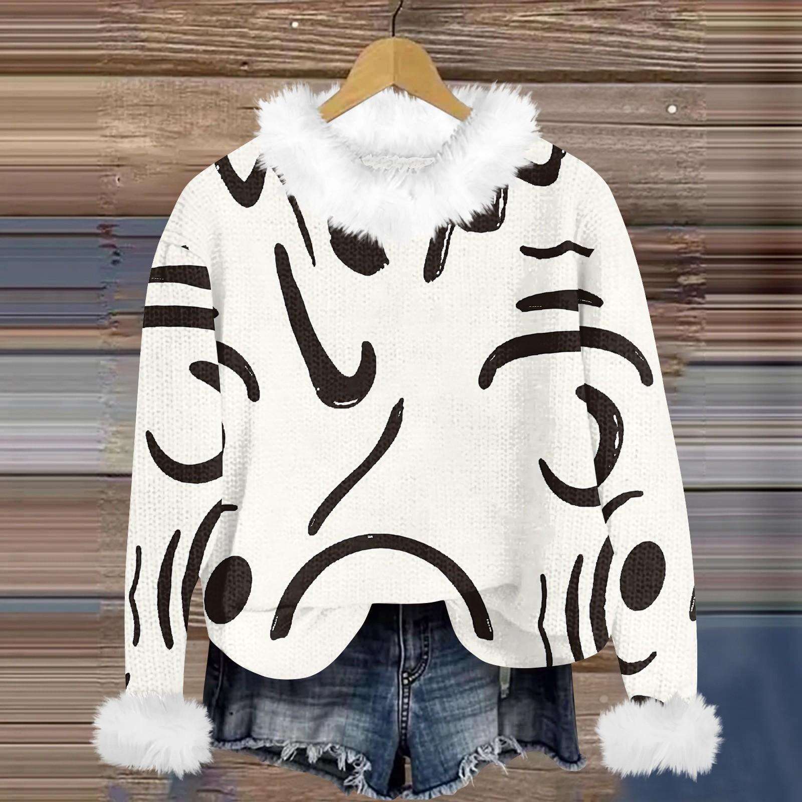 

Свитшоты для женщин Вязаный свитер Милая рубашка Осенний круглый вырез Пуловер с меховым воротником Топы L бежевый