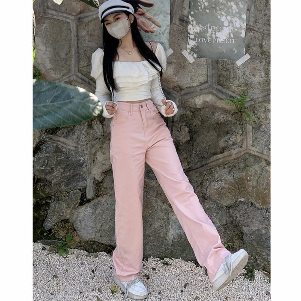 Casual simple straight wide-leg jeans for women's spring and autumn new high-waisted and thin Korean version of wide-leg floor pants