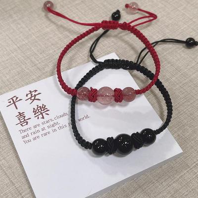 Herbst Rotes Seil Paar Armband mit Erdbeerkristall und Obsidian