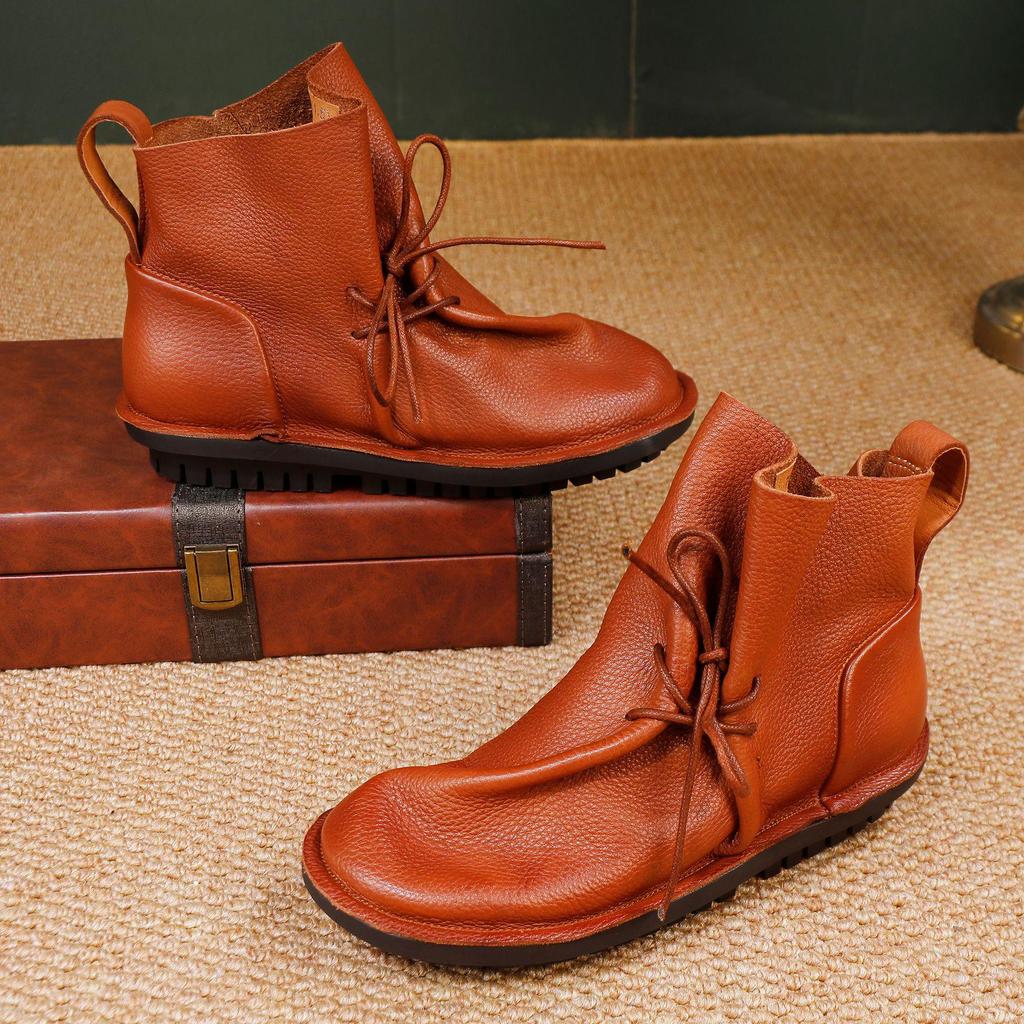 2025 Women's Retro Slouch Boots - High-End Cowhide, Soft Sole, Flat Heel Casual Short Boots