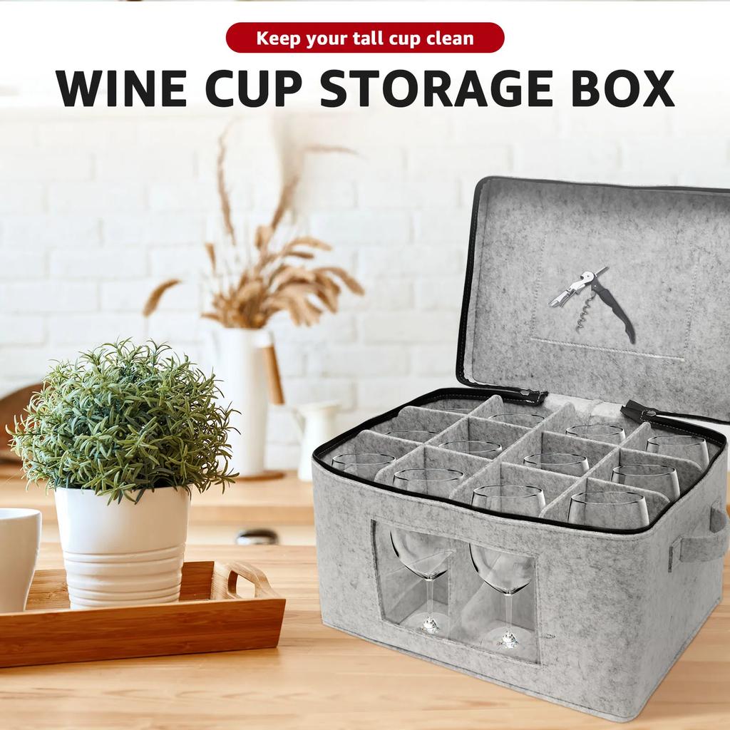 Wine Glass Storage Organizer Stackable Felt Stemware Container with 12 Removable Divider Foldable For Travel Wine Bottle Bag