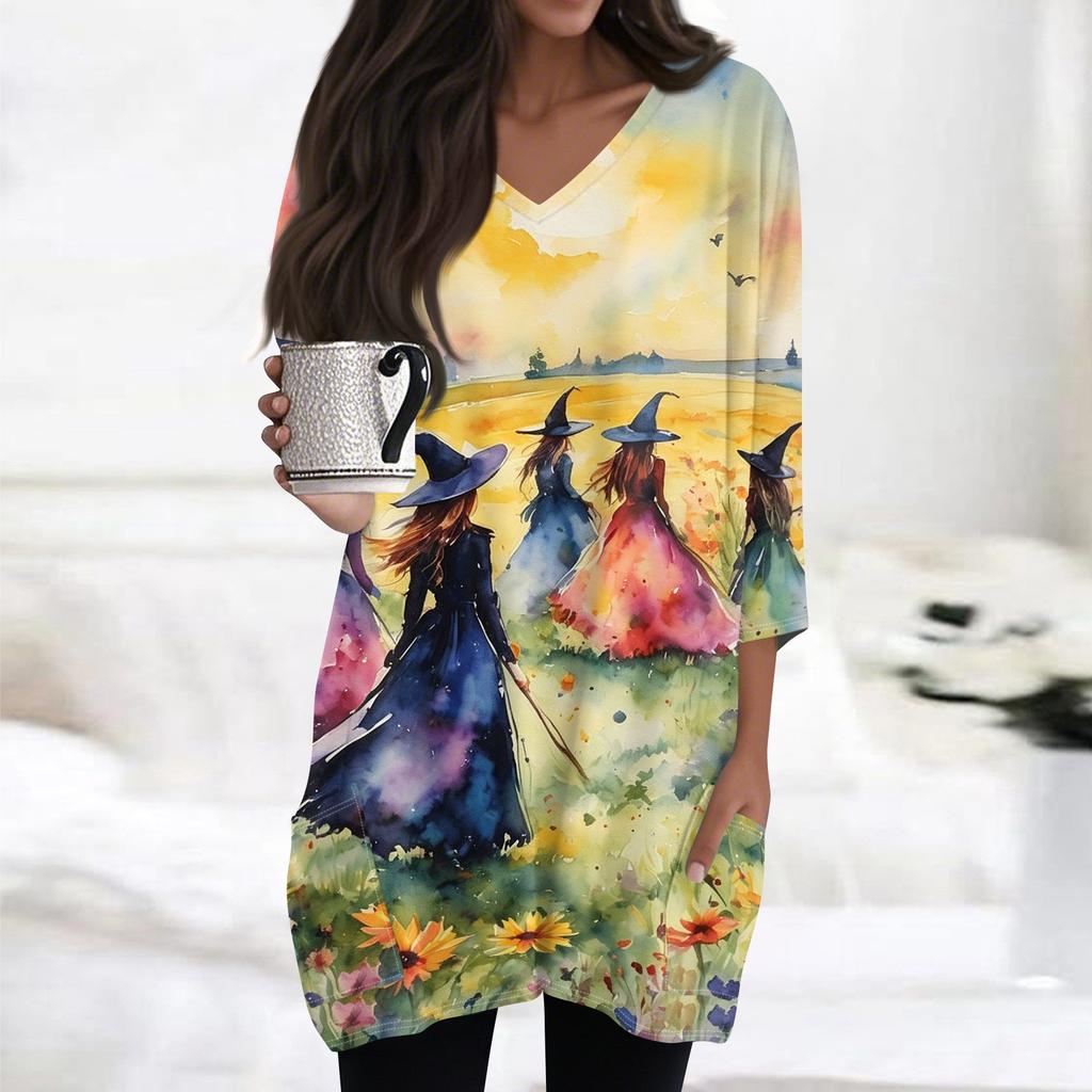 Women's Halloween Print V-Neck Tunic Top with Pockets 3/4 Sleeve for Casual Fall Wear