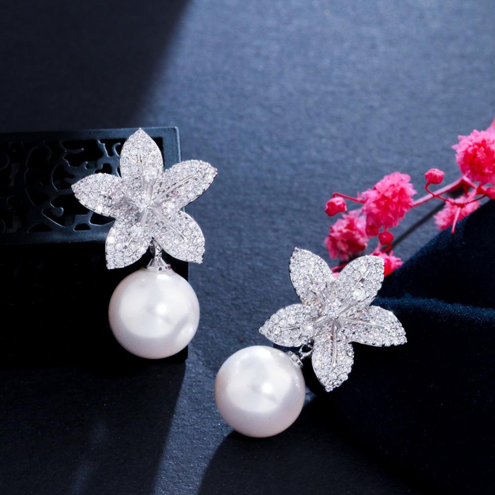 Zircons Noble White Gold Color Dangle Drop Pearl Cubic Zirconia Lovely Geometric Flower Earrings For Women Chic Jewelry