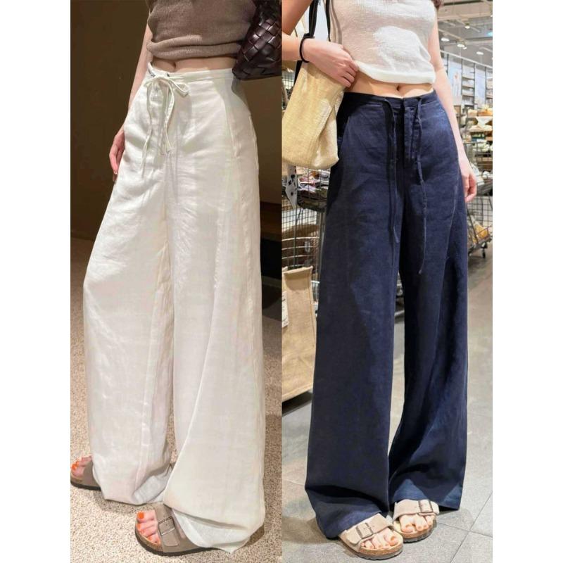 Women Linen Blend Wide Leg Pants High Waist Loose Summer Trousers