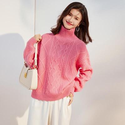 Jinjuan Women's 100% Lamb Wool High-Neck Cable Knit Sweater