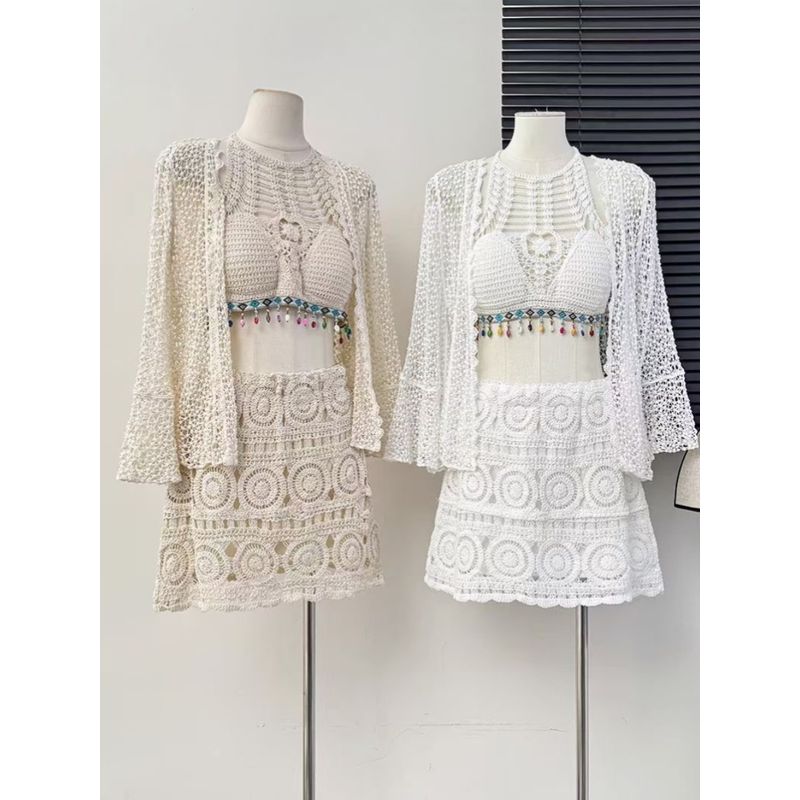 

Летний женский праздничный этнический стиль кружевной ажурный милый комплект-тройка жилет + тканая А-силуэта юбка + кардиган с вырезами Vest apricot Free size