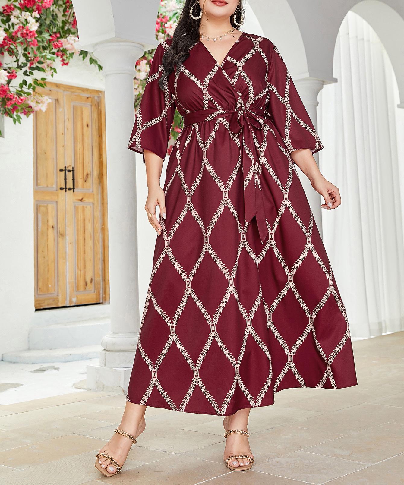 

Plus Size Women s Geometric Red Diamond Plaid Waist-Cinched Lace-Up Slim-Fit Dress for Spring/Autumn 5XL темно-червоний колір