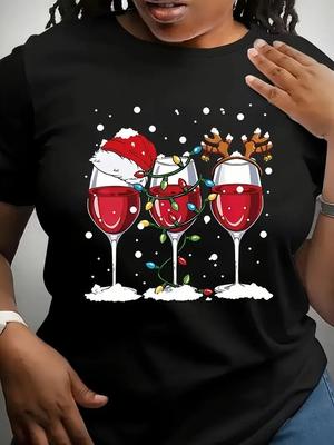 Christmas Elements Wine Glass Print T-Shirt S-3XL Q6671