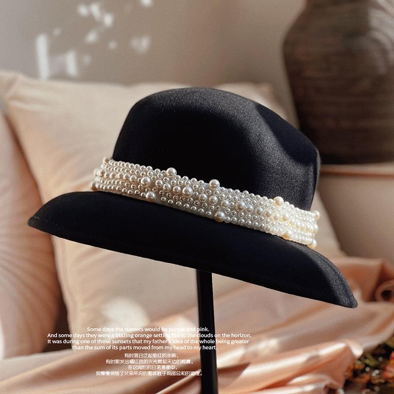 Woman Fisherman Hat Autumn Winter Pure Wool Pearl Wool Hat French Hepburn Retro Elegant Felt Hat Church Hat Dome Fishermen Hat