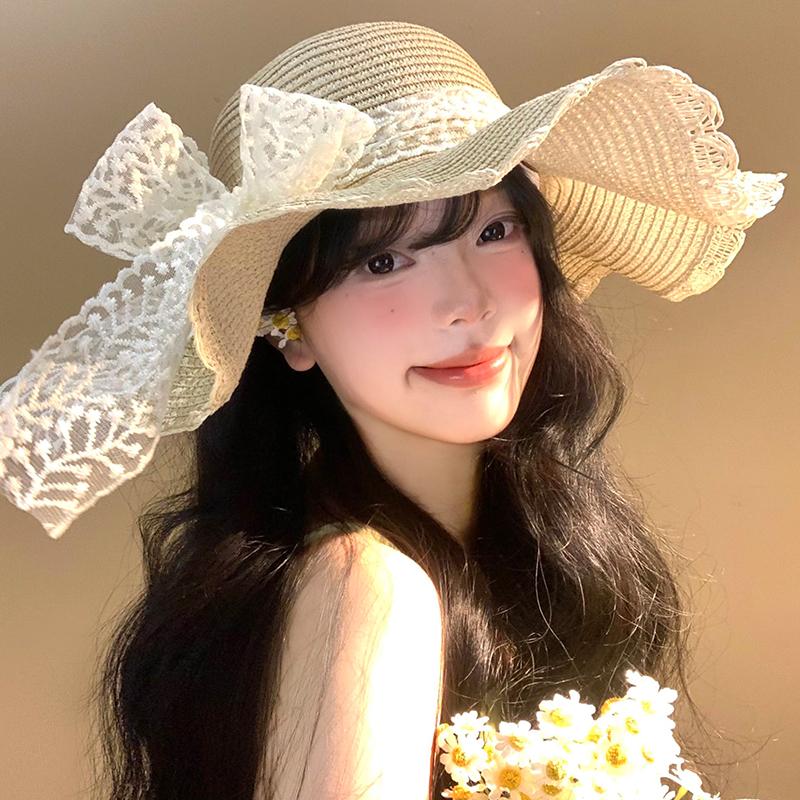 Lace Straw Sun Hat Women's Summer Seaside Vacation Wind Big Eaves Sunshade Sun Protection Beach Wavy Straw Hat Children