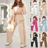 2 Pcs/Set Women Suit Coat Pants Suit Turn-down Collar Long Sleeves Stretchy Hem Jacket Wide Leg High Waist Trousers Commuting Office Outfit