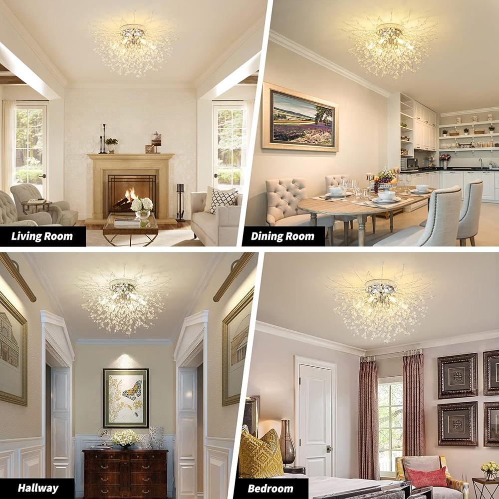 6-Light Sputnik Flush Mount Ceiling Light Fixture, Modern Chrome Crystal Firework Ceiling Lights, Close to Ceiling Lamp for Bedroom Kitchen Hallway