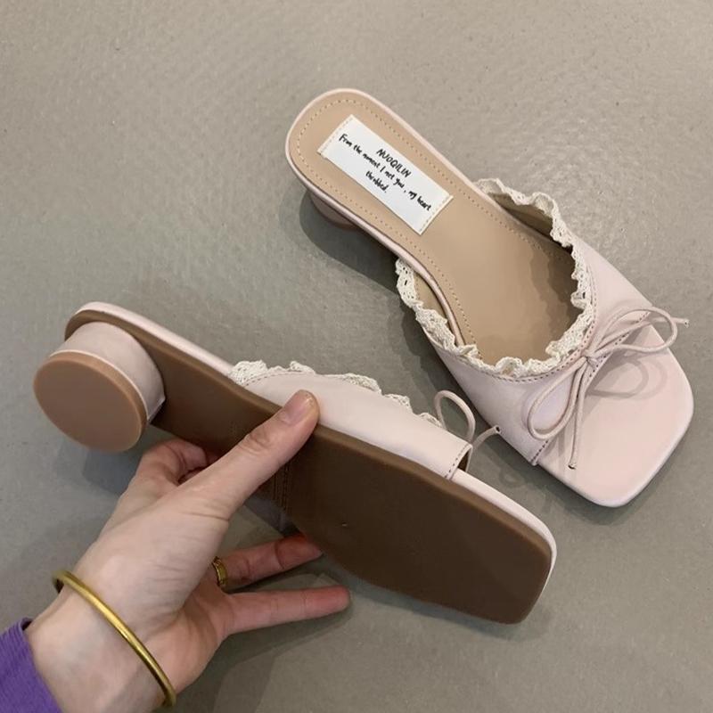 Fashion Bow Women Slippers Fashion Dress Shoes Elegant Designer Heeled Sandals Woman Summer 2025 New Slides Luxury Zapatillas De Mujer