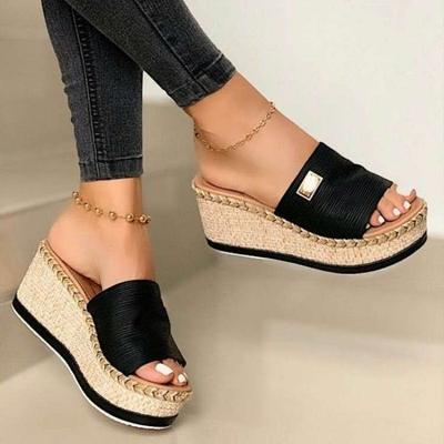 Foreign Trade Large-size Cross-border New Simple Slope Heel Cool Slippers Women's Thick-bottomed Muffin One-character Cool Slippers