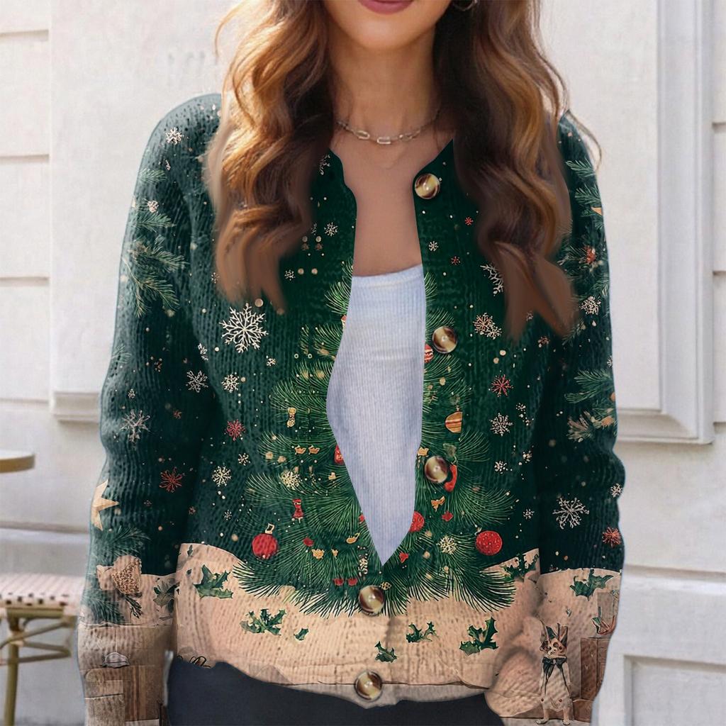 Women's Fashion Christmas Printed Long Sleeve Knitted Cardigan Button Down Jacket