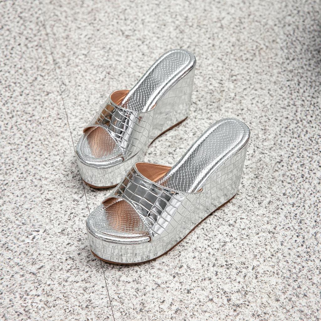 Women's Silver Platform Sandals High Heels Slip on Dress Wedges Sandals Elegant Casual Beach Slides Fashion