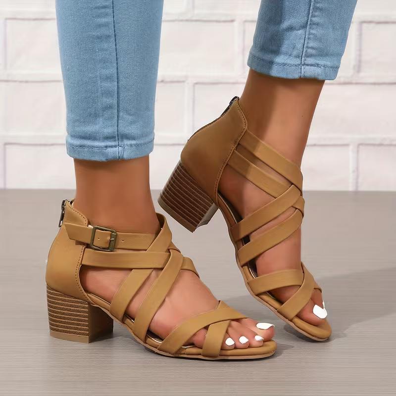 Cross-Tied Criss Cross Sandals Heels for Women Cutout Zip Up Open toe Block Heel Heels Sandals with Heels for Women
