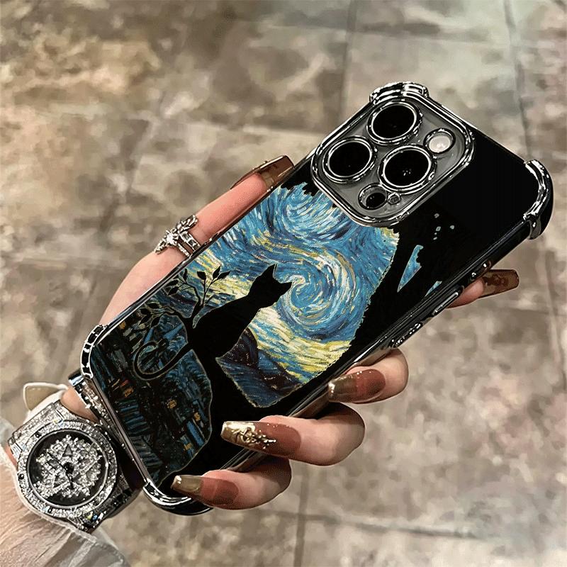 Black Cat Aesthetic Pattern Plating Phone Case For Iphone 16 17 Pro Max Air 16E 14 15 Plus 12 13 Mini Anti-Fall Airabag Cover
