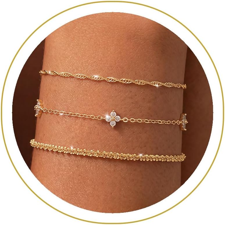 14K Gold Plated Bracelet for Women, Stackable Link Bracelet Set
