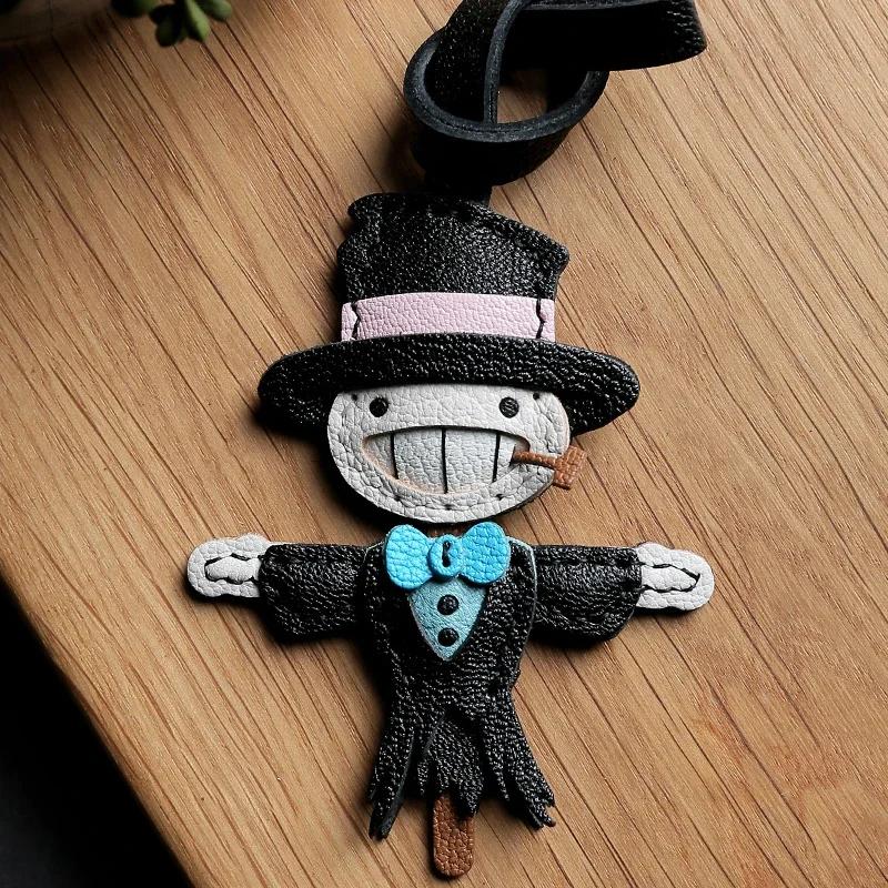 Handmade Genuine Leather Cute Small Flame Bag Pendant Car Key Chain Rope Ring Scarecrow Pendant Decoration New Pendant Bag Charm