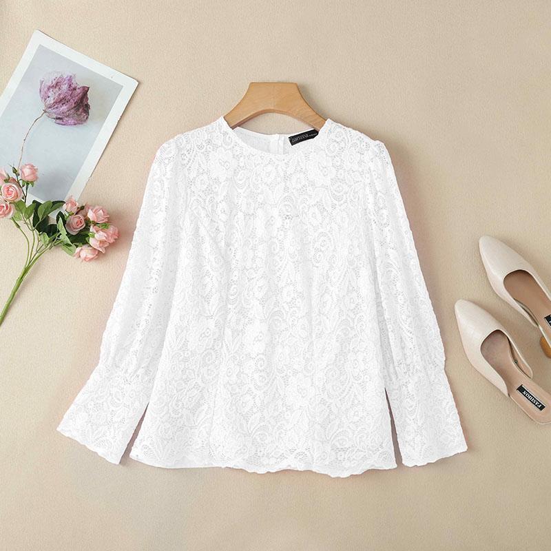 ZANZEA Womens Casual Hollow Out Lace Patchwork Loose Long Sleeve Blouse