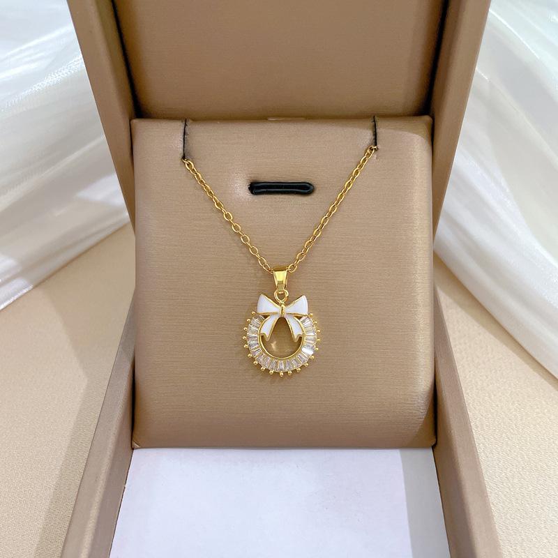 Micro-Inlaid Necklace Earrings Set Light Luxury Ring Bow Personality Temperament Banquet Earrings Necklace Group