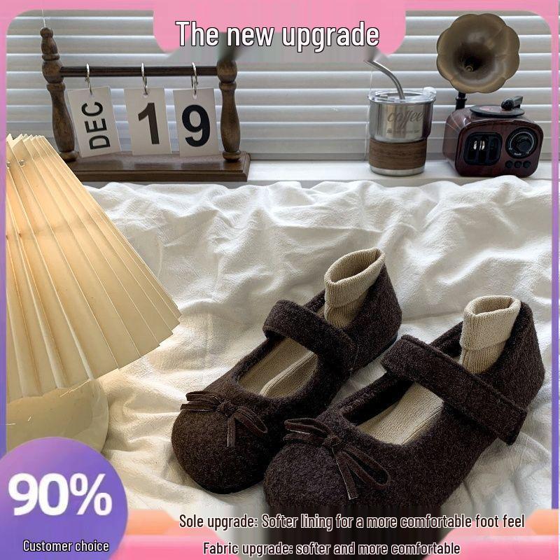 

Butterfly Grey Woolen Fleece-Lined Women s Thick Sole Mary Jane Low-Cut Furry Shoes 35