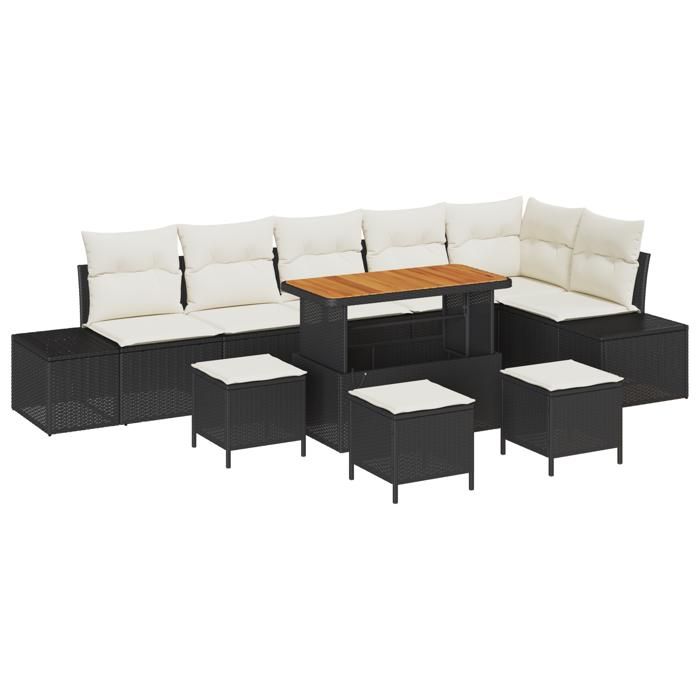 Ensemble de Canapés de Jardin vidaXL 10 Pièces avec Coussins Rattan Poly Noir, Canapé de Jardin Deux Places vidaXL362810