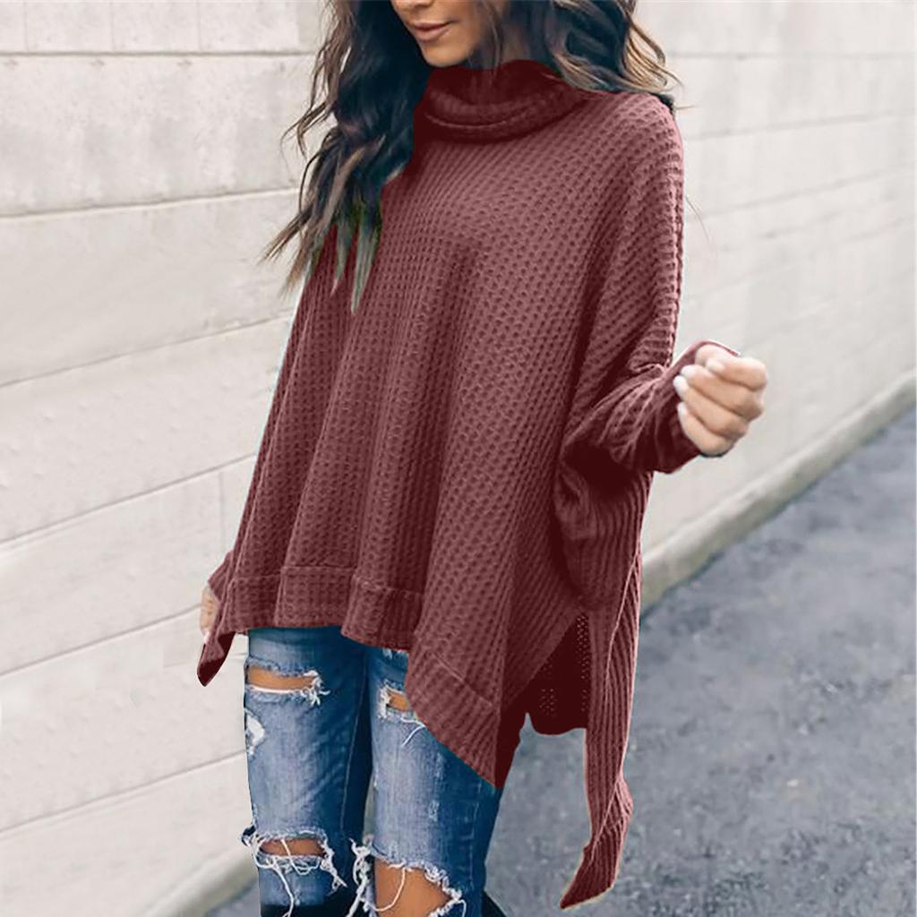 Women's  And Winter Loose Solid Color Irregular Hem Stitching Long-sleeved Pile Collar Knit Sweater Top