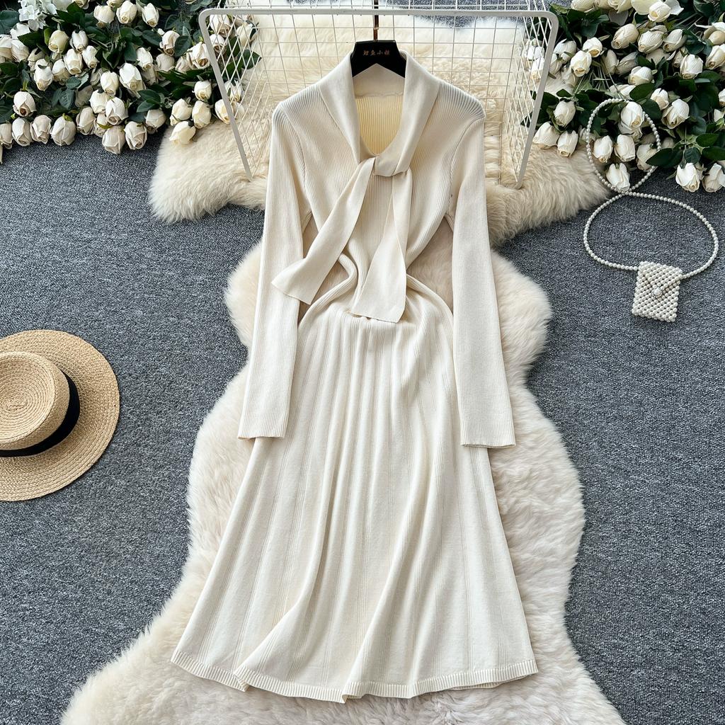 Autumn Winter Women Elegant Bowtie Collar Knitted Office Work Midi Sweater Dress