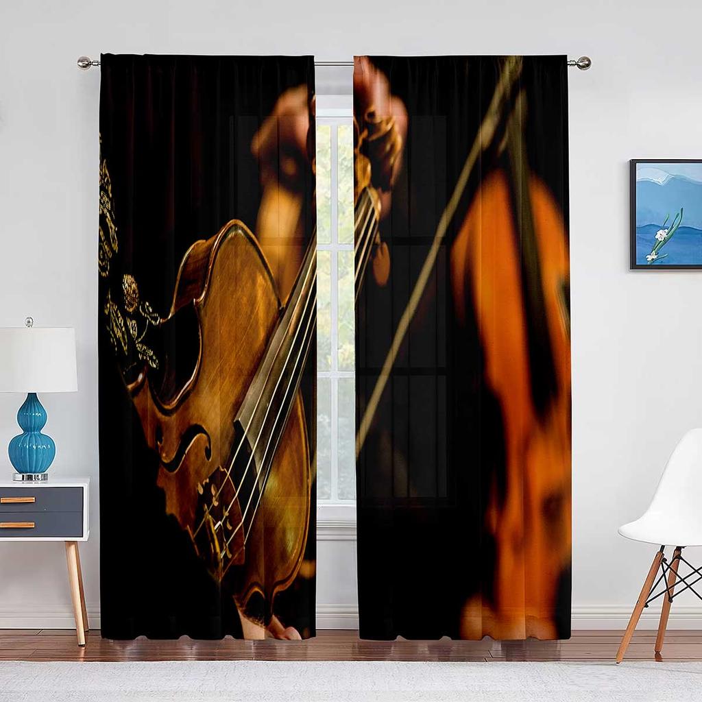 Röd Ros Blommig Kaffe Violin Skir Voile Gardin för Vardagsrum för Fönsterpersienner Sovrum Draperi Kök Hall Tyllgardiner