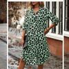 For Spring Fall Women's Elegant Leopard Print Shirt Dress with Button Front and Roll Up Sleeve