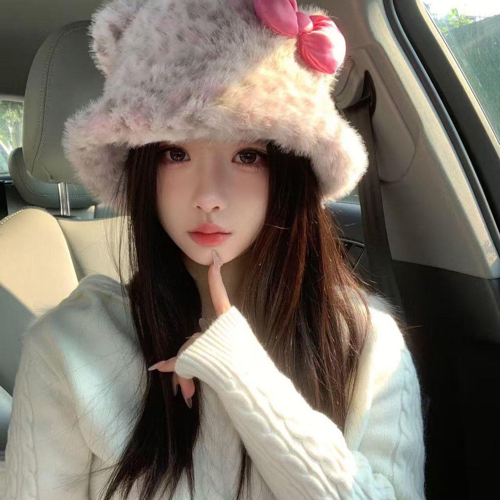 Korean Leopard Print Plush Bucket Hat for Women - Warm, Fluffy, Ear Protected, Large Fit for Autumn/Winter