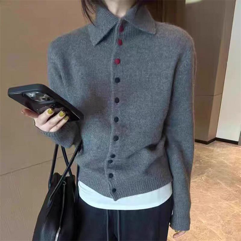 Women's Dark Grey Knit Wool Lapel Sweater - Autumn/Winter 2025 Collection
