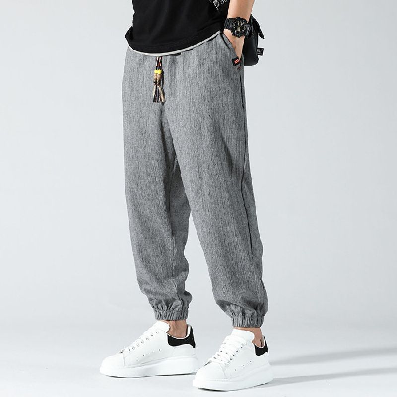 Clearance of Foreign Trade Surplus: Japanese-Style Linen Casual Pants, Summer Ice Silk Thin Jogger Cotton-Linen Loose-Fitting Cropped Harem Pants Light gray 3XL