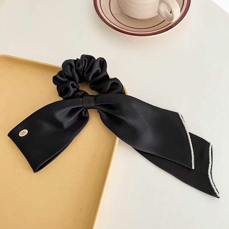 Black and White Scrunchie Hair Tie with Ribbon and Elegant Hair Accessory for White and Black Rhinestones, Adults,