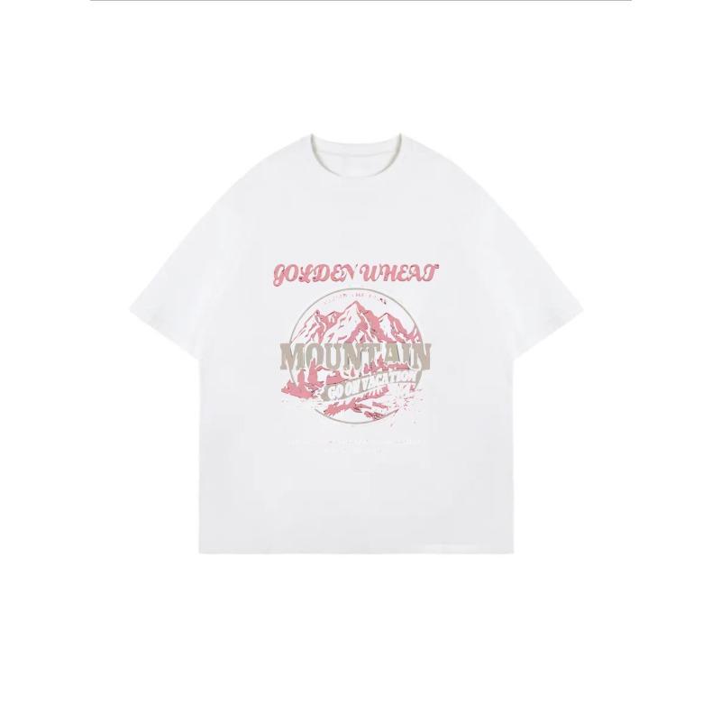 T-shirt Oversize Blanc Blé Doré Imprimé Logo Montagne Vêtement Décontracté Pour Femmes Tenue d'Été Haut Tendance Streetwear