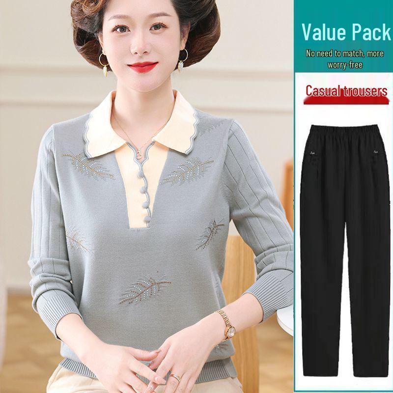 Mamčin jarně-podzimní pletený svetrový set: Volný top s ohrnovacím límcem pro ženy středního věku a starší