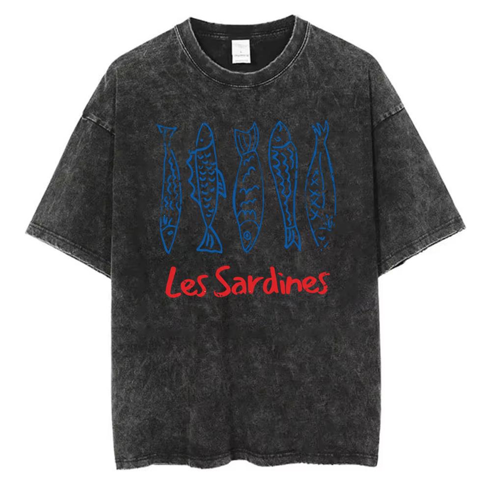 

Washed Men and Women Sardine Can Pattern TShirt Vintage AcidWashed Street ShortSleeve Fish Pattern TShirt S