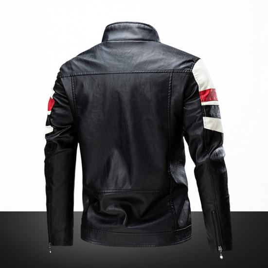 Men Jacket Color Block Long Sleeve Pockets Stand Collar Faux Leather Zipper Coat for Working